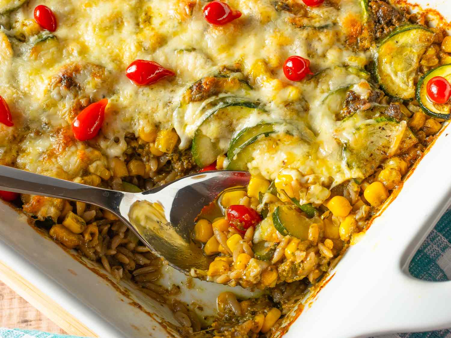 Pesto Zucchini and Corn Orzo Casserole