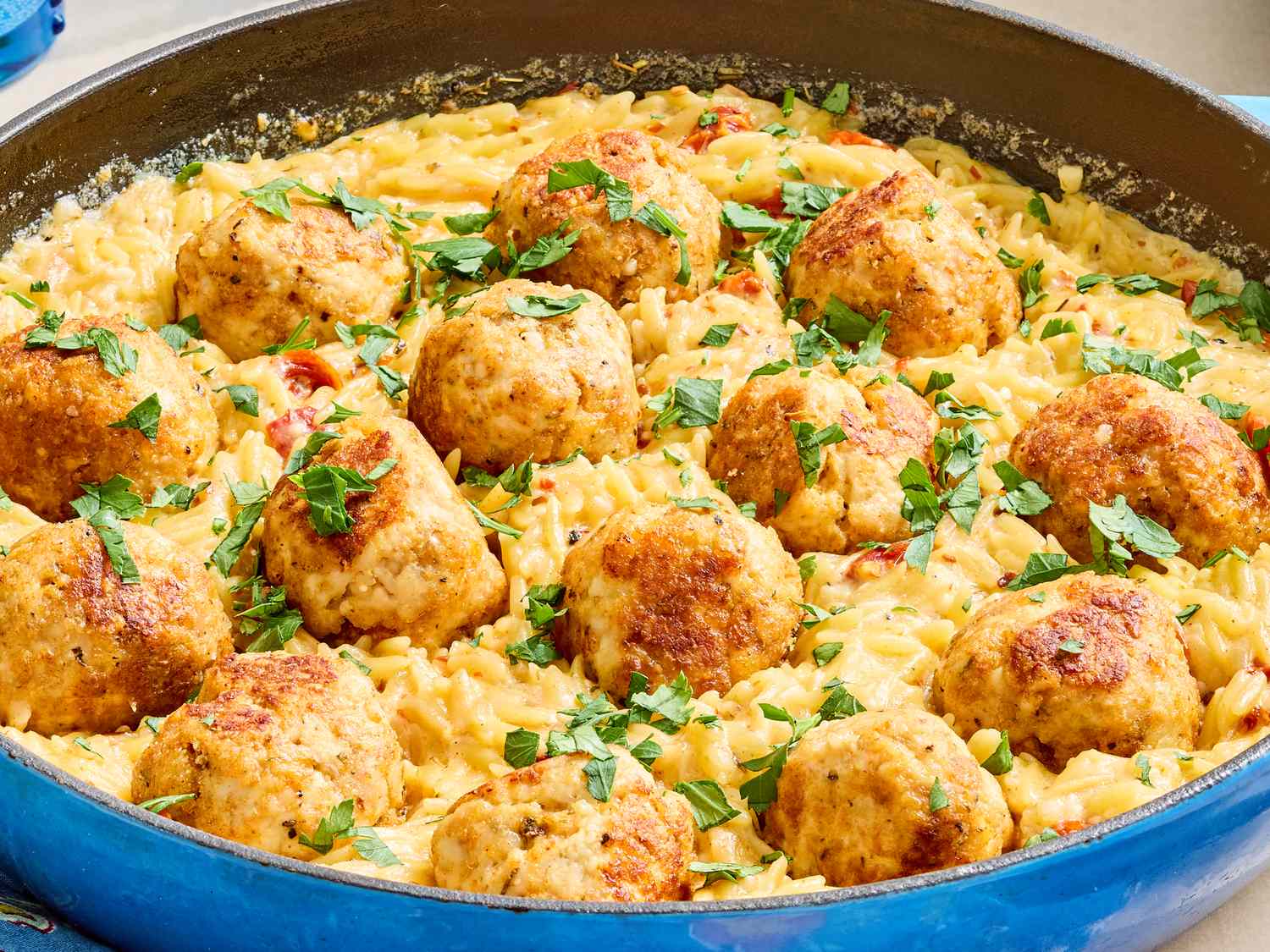 One Pot Orzo and Chicken Meatballs
