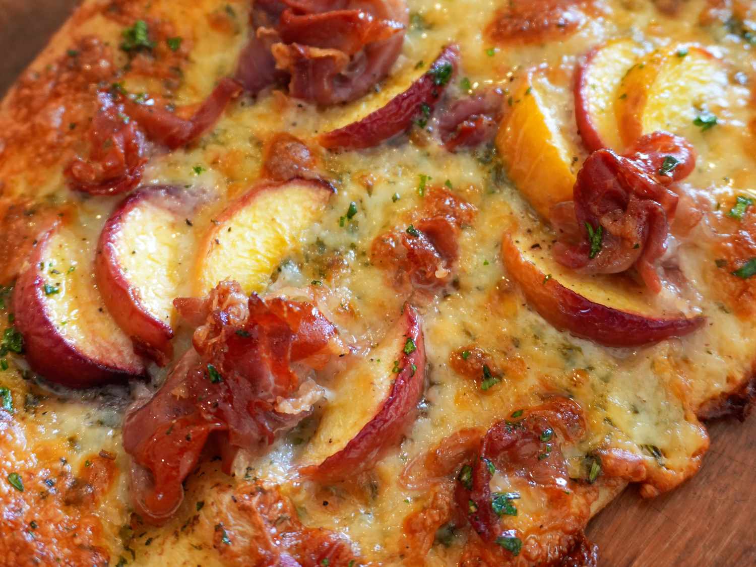 Flatbread with Peach, Prosciutto, Gorgonzola, and Hot Honey