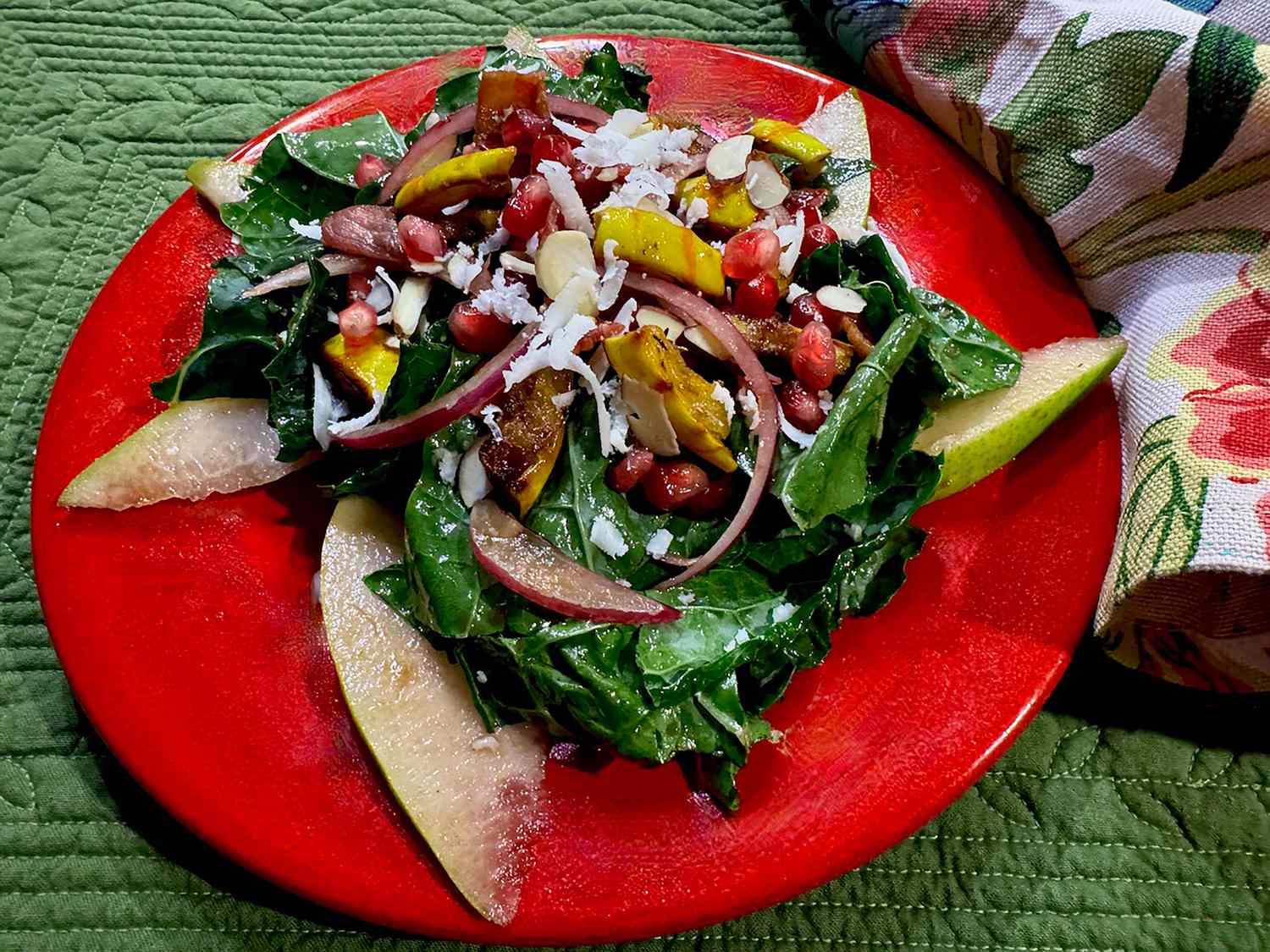 Kale and Roasted Delicata Squash Salad with Pomegranate Vinaigrette
